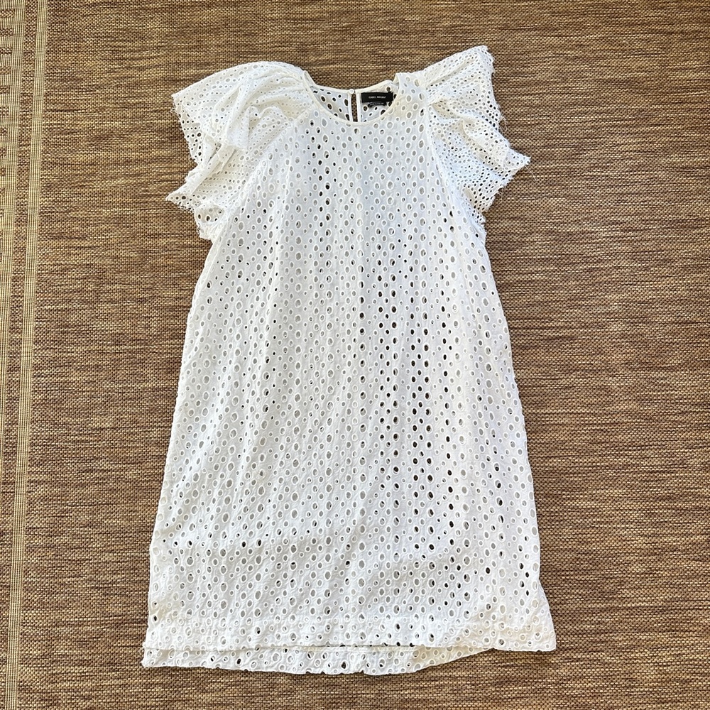 Isabel Marant Lace Eyelet Asymmetric Puff Sleeve White Mini Tent Dress Size 44